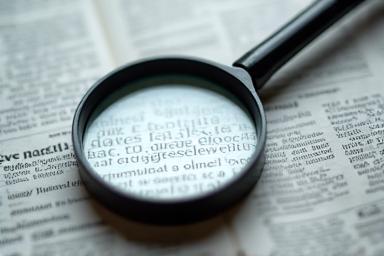 Magnifying glass over newspaper text revealing details